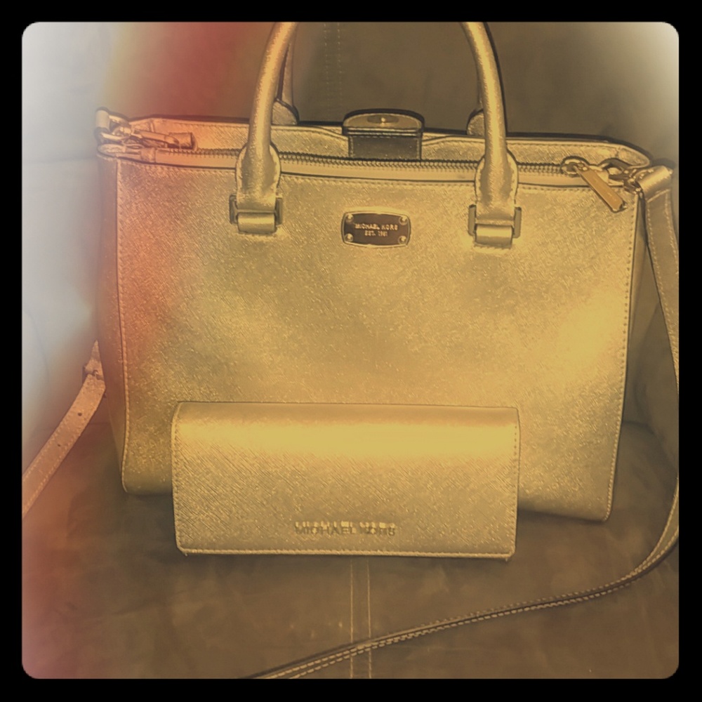 Michael Kors Gold Metallic Purse & Matching Wallet